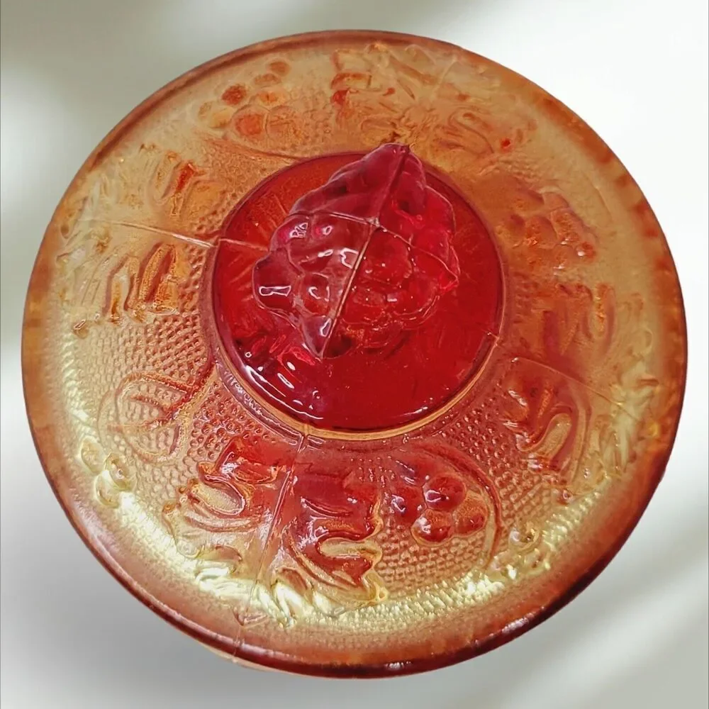 VTG Jeannette Harvest Grapes‎ Amber Red Carnival Glass Footed Covered Candy Dish